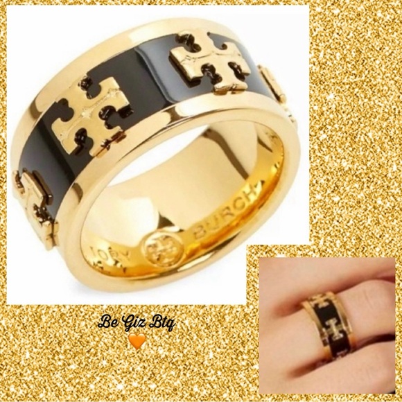 🆕 Tory Burch Authentic Wide Band Black Enamel With Gold Raised Logo Ring 7 - Picture 3 of 10